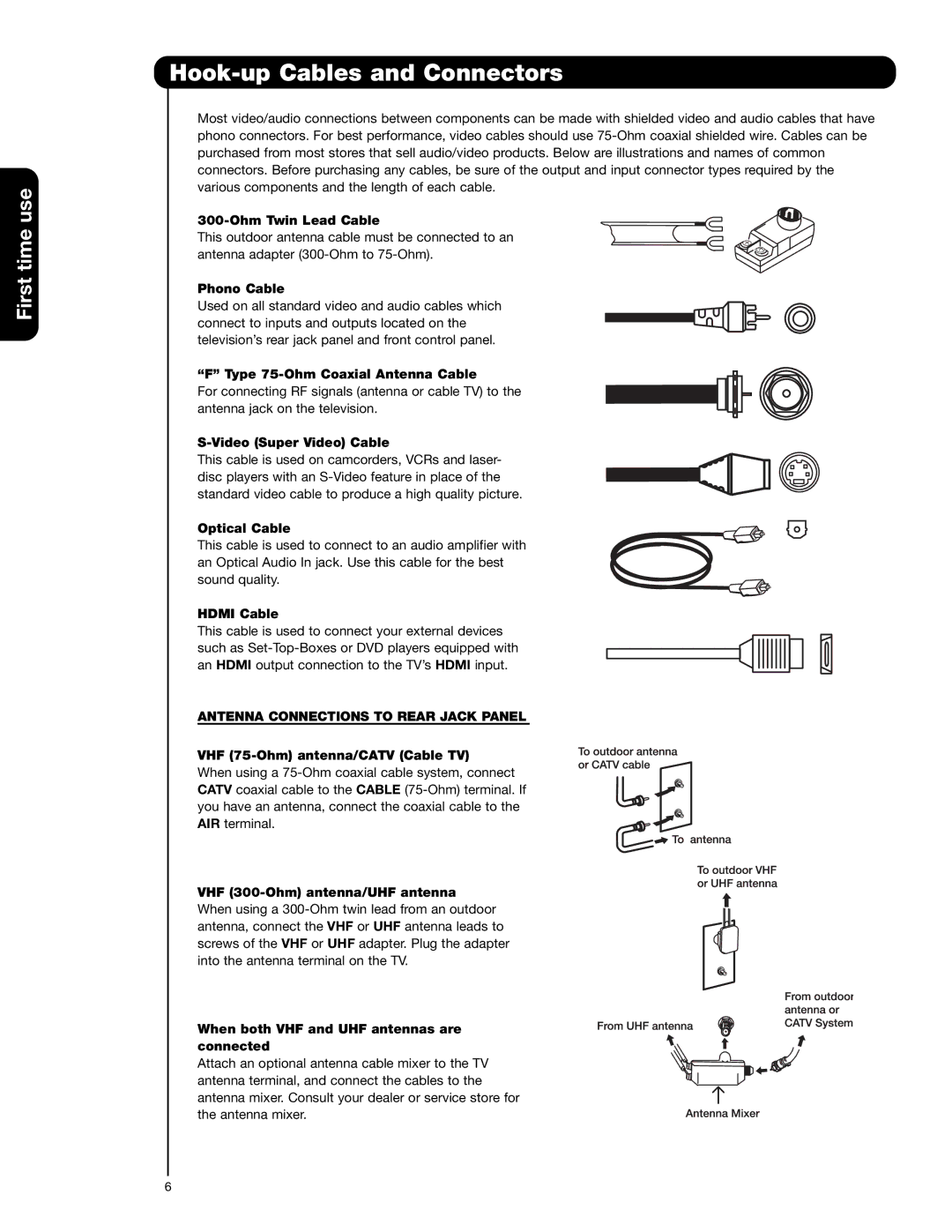 Hitachi 51F710E, 51F710A, 57F710A, 57F710E, 65F710A Hook-up Cables and Connectors, Antenna Connections to Rear Jack Panel 