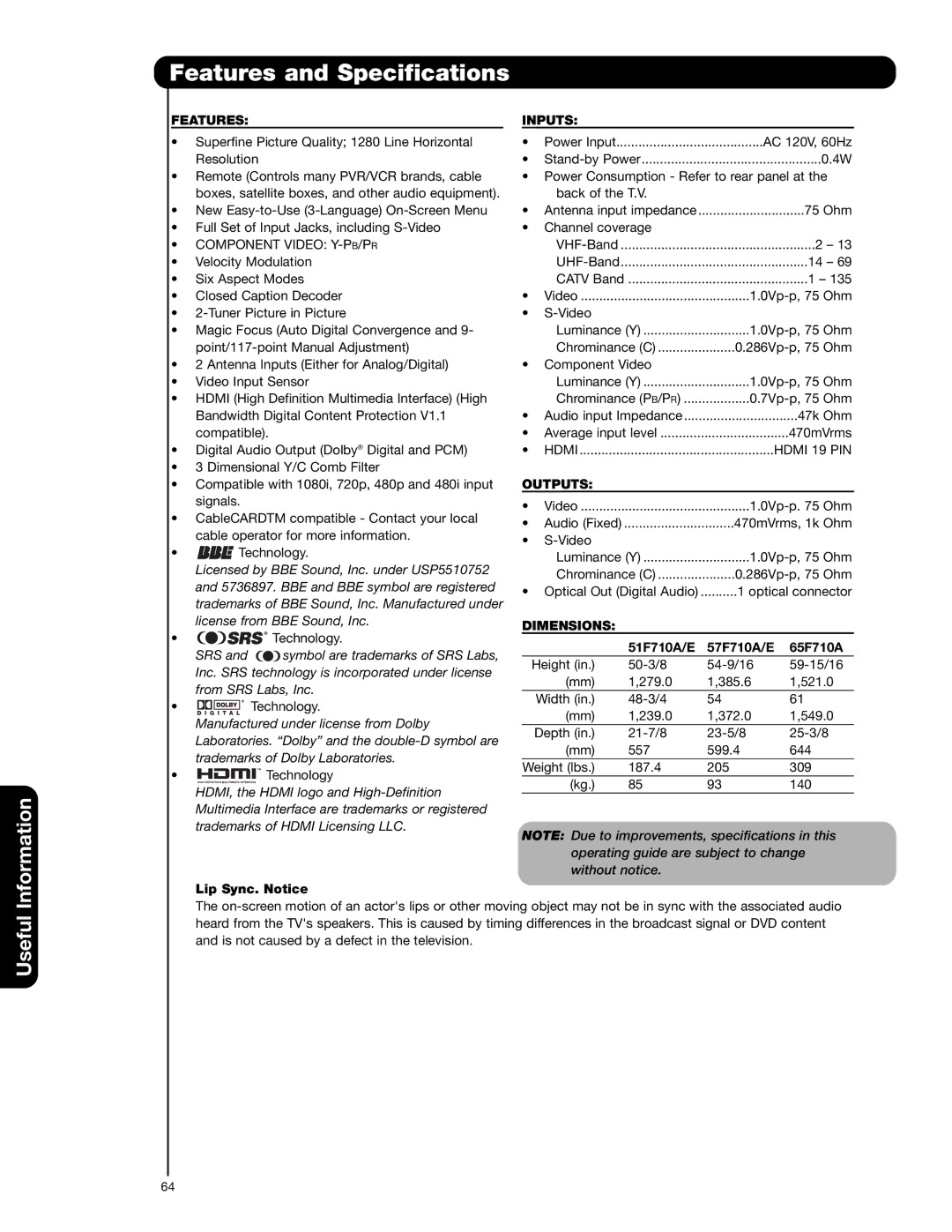 Hitachi 65F710A, 51F710A, 51F710E, 57F710A, 57F710E Features and Specifications, Featuresinputs, Outputs, Dimensions 