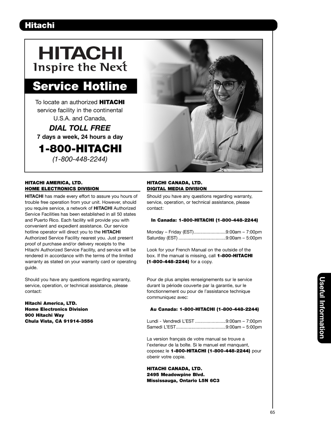 Hitachi 51F710A, 51F710E, 57F710A, 57F710E Hitachi, Home Electronics Division, Digital Media Division, Canada 1-800-HITACHI 