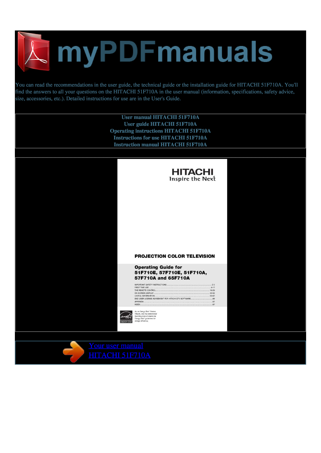 Hitachi 51F710E user manual Your user manual HITACHI 51F710A, User manual HITACHI 51F710A User guide HITACHI 51F710A 