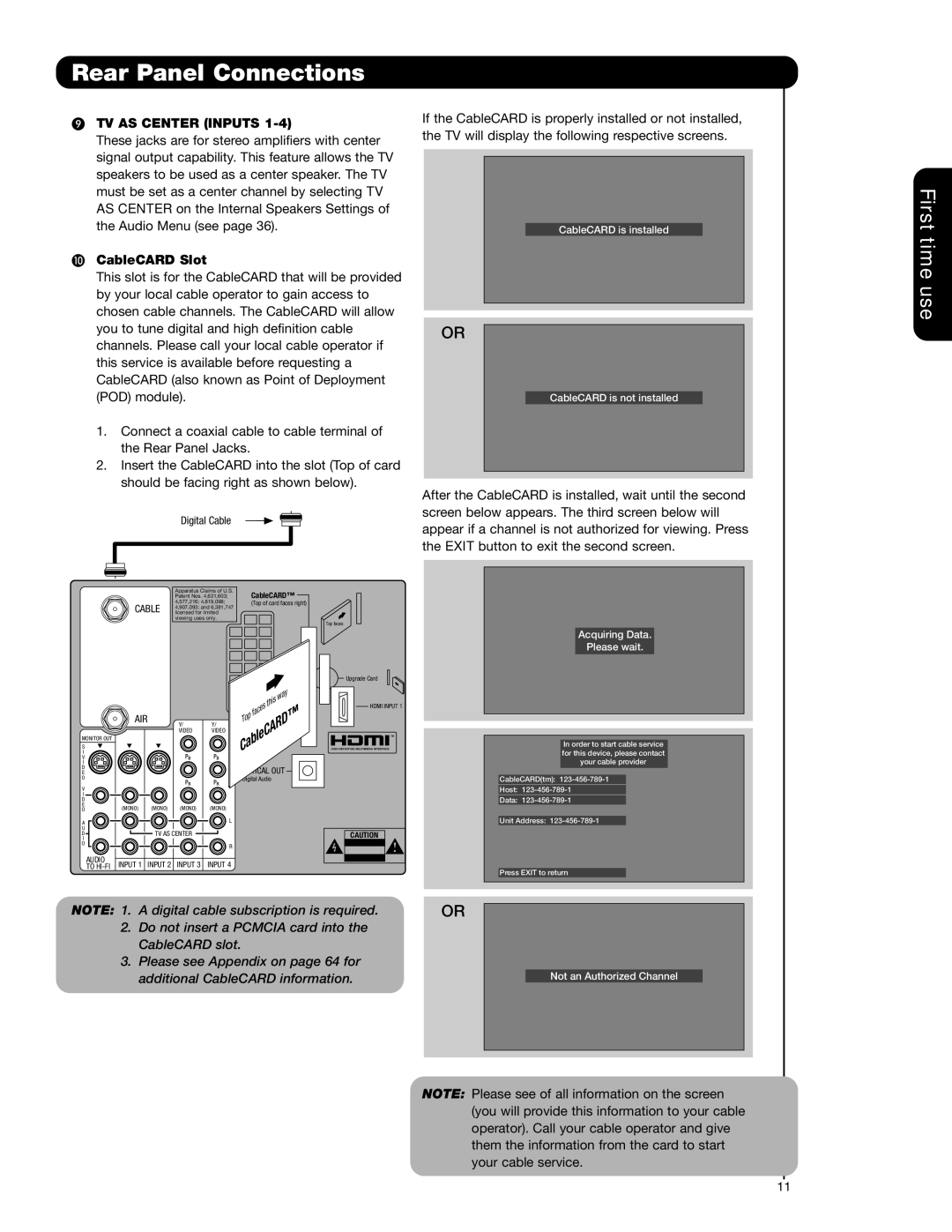 Hitachi 57F710G, 51F710G important safety instructions TV AS Center Inputs, CableCARD Slot 