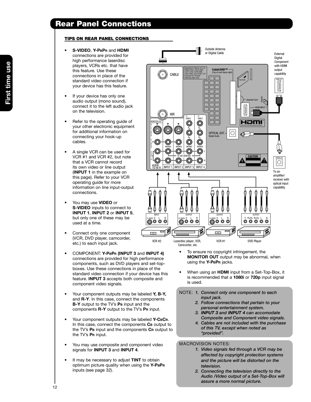 Hitachi 51F710G, 57F710G important safety instructions Tips on Rear Panel Connections, VIDEO,Y-PBPRand Hdmi 