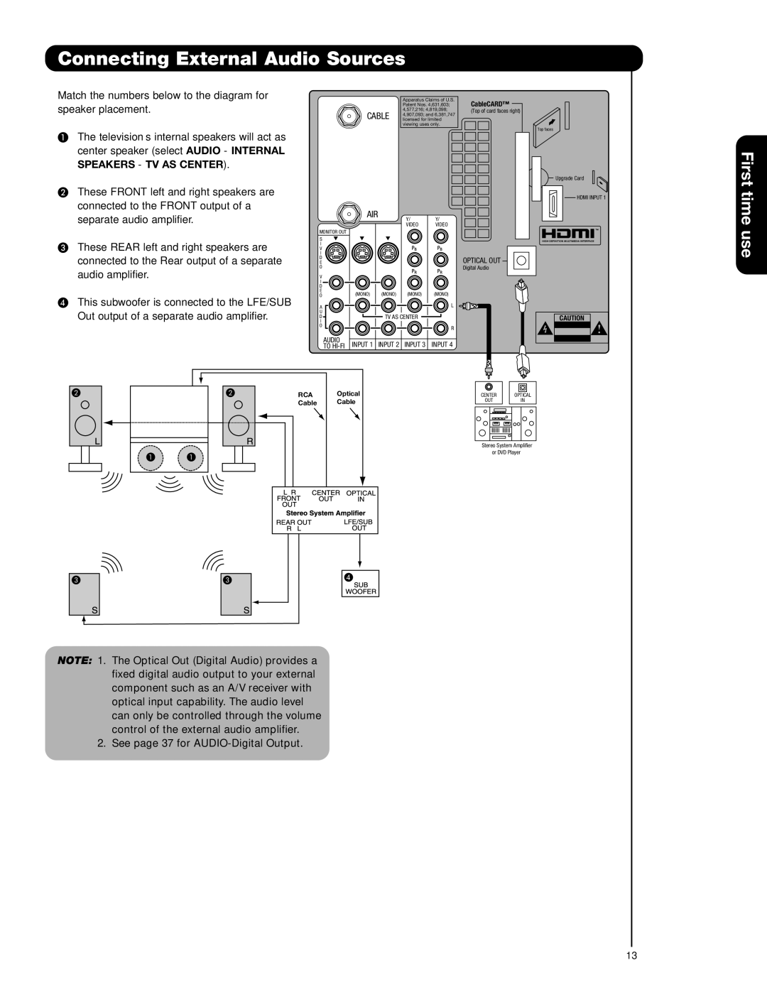 Hitachi 57F710G, 51F710G important safety instructions Connecting External Audio Sources, Speaker placement 