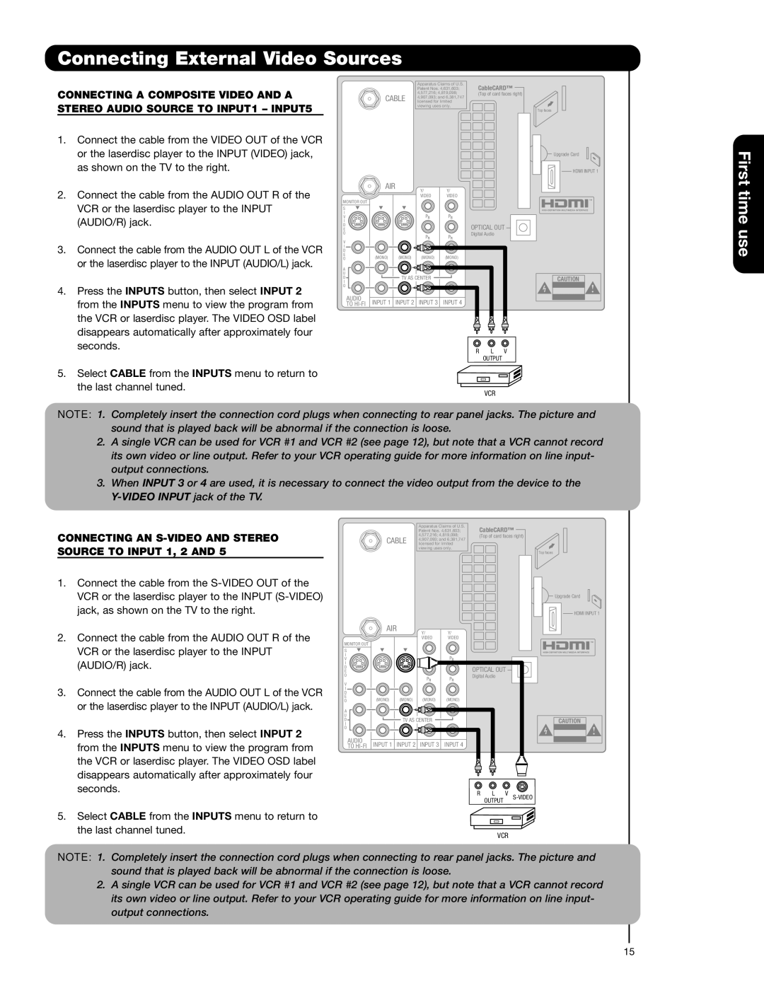 Hitachi 57F710G, 51F710G important safety instructions First time, Connecting AN S-VIDEO and Stereo Source to Input 1, 2 