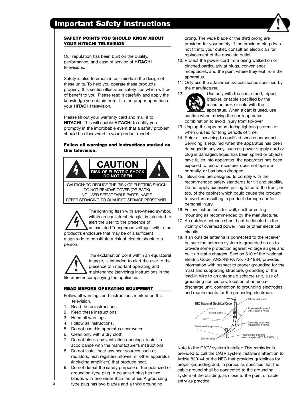 Hitachi 51F710G, 57F710G Important Safety Instructions, Safety Points YOU should Know about Your Hitachi Television 