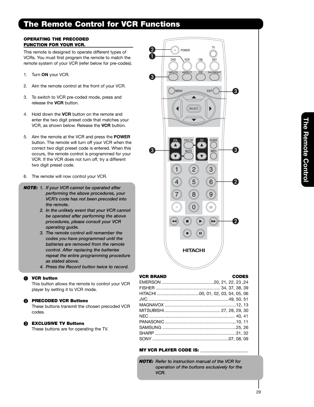 Hitachi 57F710G, 51F710G Remote Control for VCR Functions, Operating the Precoded Function for Your VCR, VCR Brand Codes 