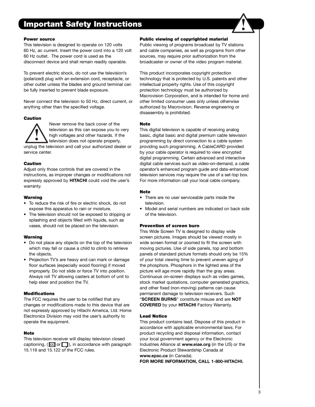 Hitachi 57F710G, 51F710G important safety instructions For More INFORMATION, Call 1-800-HITACHI 