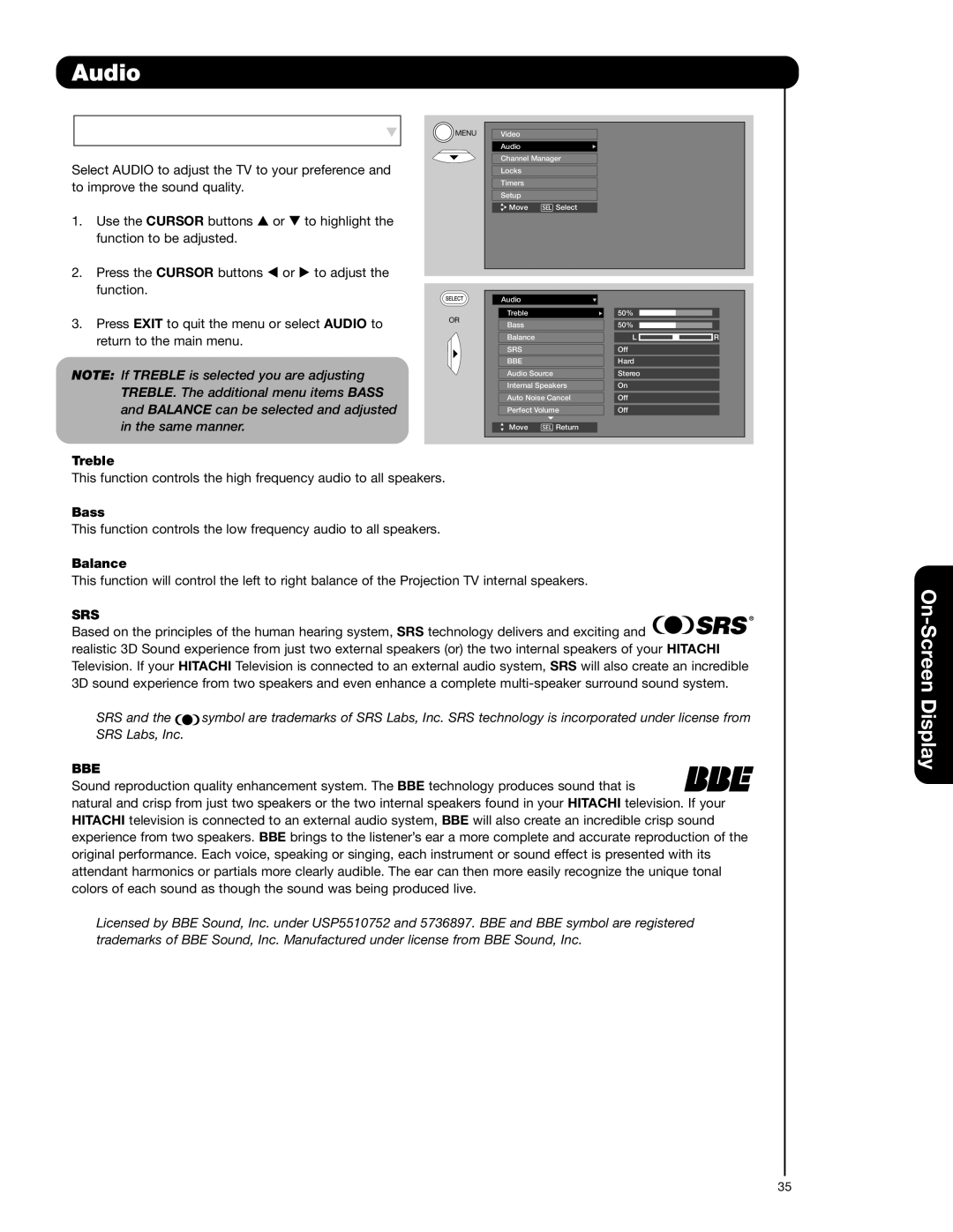 Hitachi 57F710G, 51F710G important safety instructions Audio, Srs, Bbe 