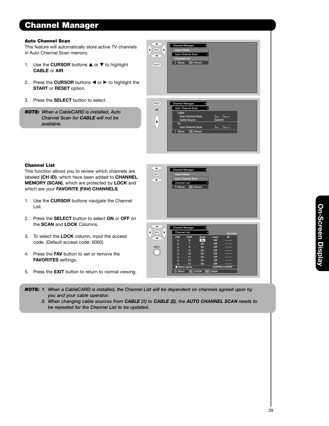 Hitachi 57F710G Auto Channel Scan, Cable or AIR, Start or Reset option, Channel List, Which are your Favorite FAV Channels 