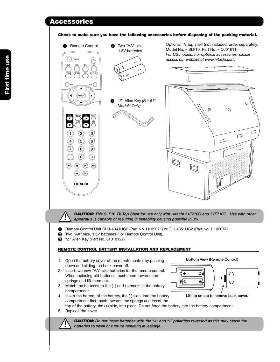 Hitachi 51F710G, 57F710G important safety instructions Accessories, Remote Control Battery Installation and Replacement 