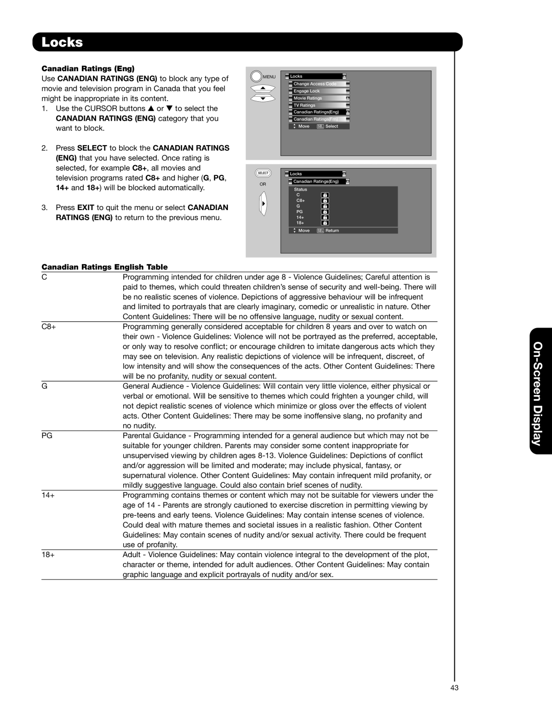 Hitachi 57F710G, 51F710G important safety instructions Canadian Ratings English Table 