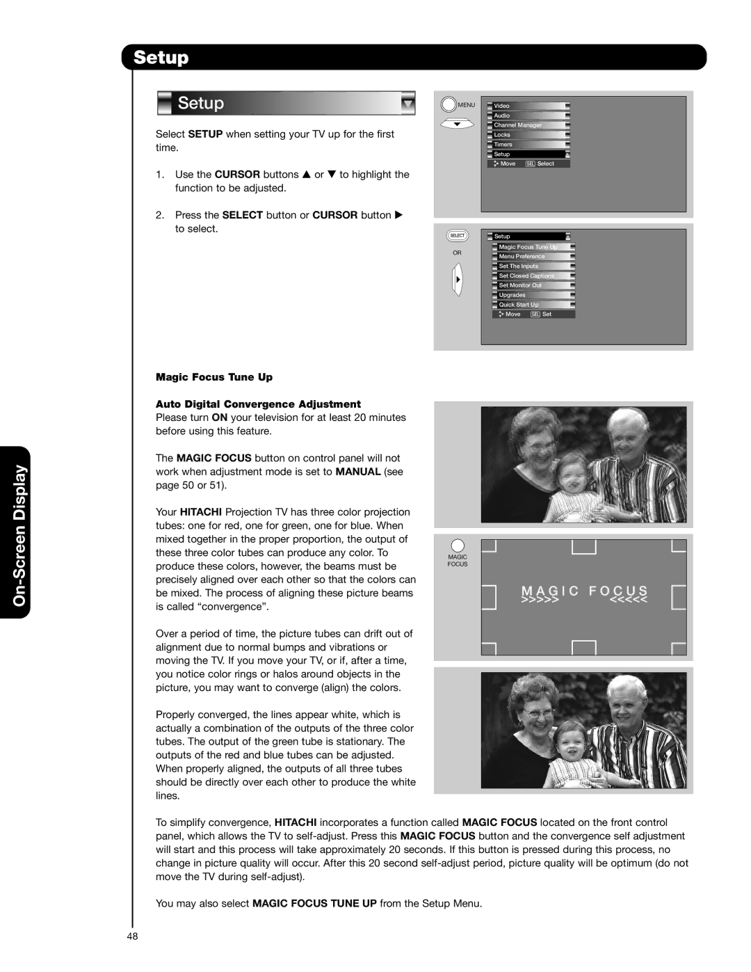 Hitachi 51F710G, 57F710G important safety instructions Setup, Magic Focus Tune Up Auto Digital Convergence Adjustment 