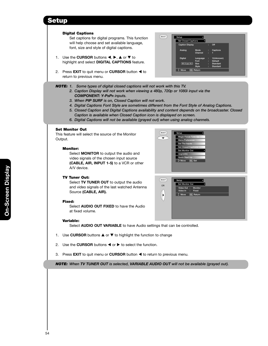 Hitachi 51F710G, 57F710G important safety instructions Digital Captions, Set Monitor Out, TV Tuner Out, Fixed, Variable 