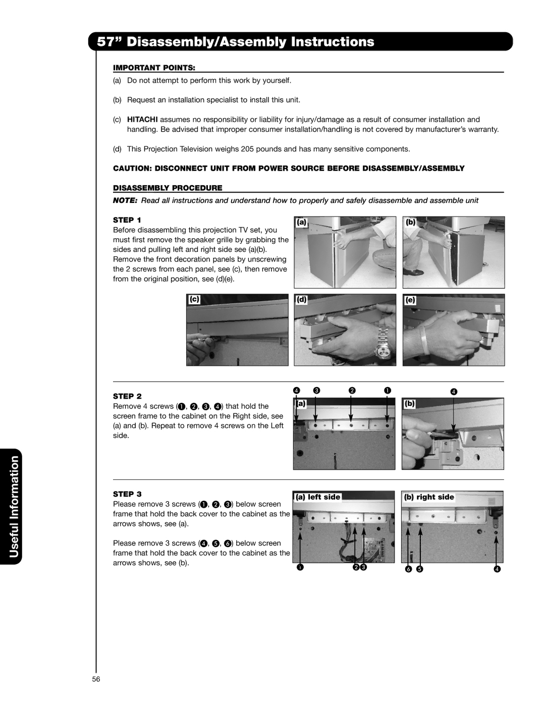 Hitachi 51F710G Disassembly/Assembly Instructions, Important Points, Disassembly Procedure Step, Left side Right side 