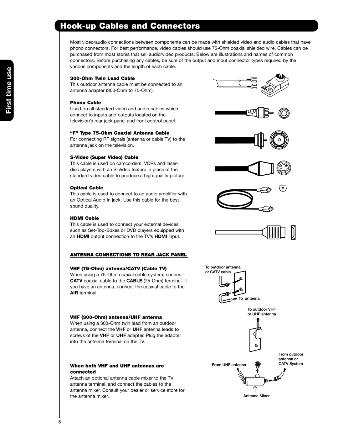 Hitachi 51F710G, 57F710G important safety instructions Hook-up Cables and Connectors, Antenna Connections to Rear Jack Panel 