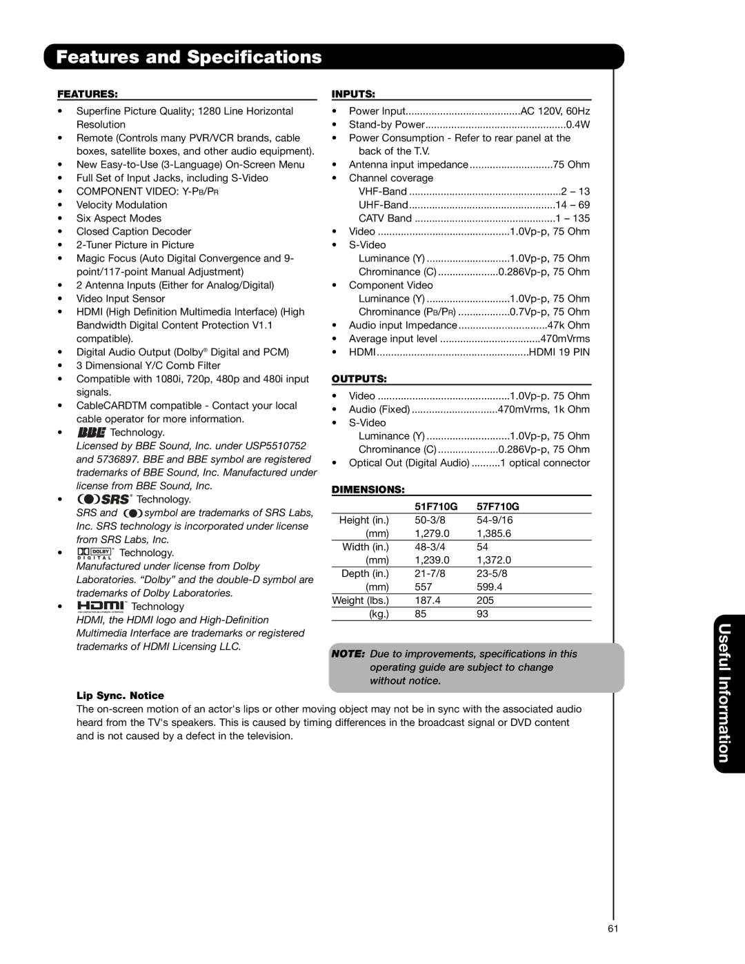 Hitachi 57F710G, 51F710G important safety instructions Features and Specifications, Featuresinputs, Outputs, Dimensions 