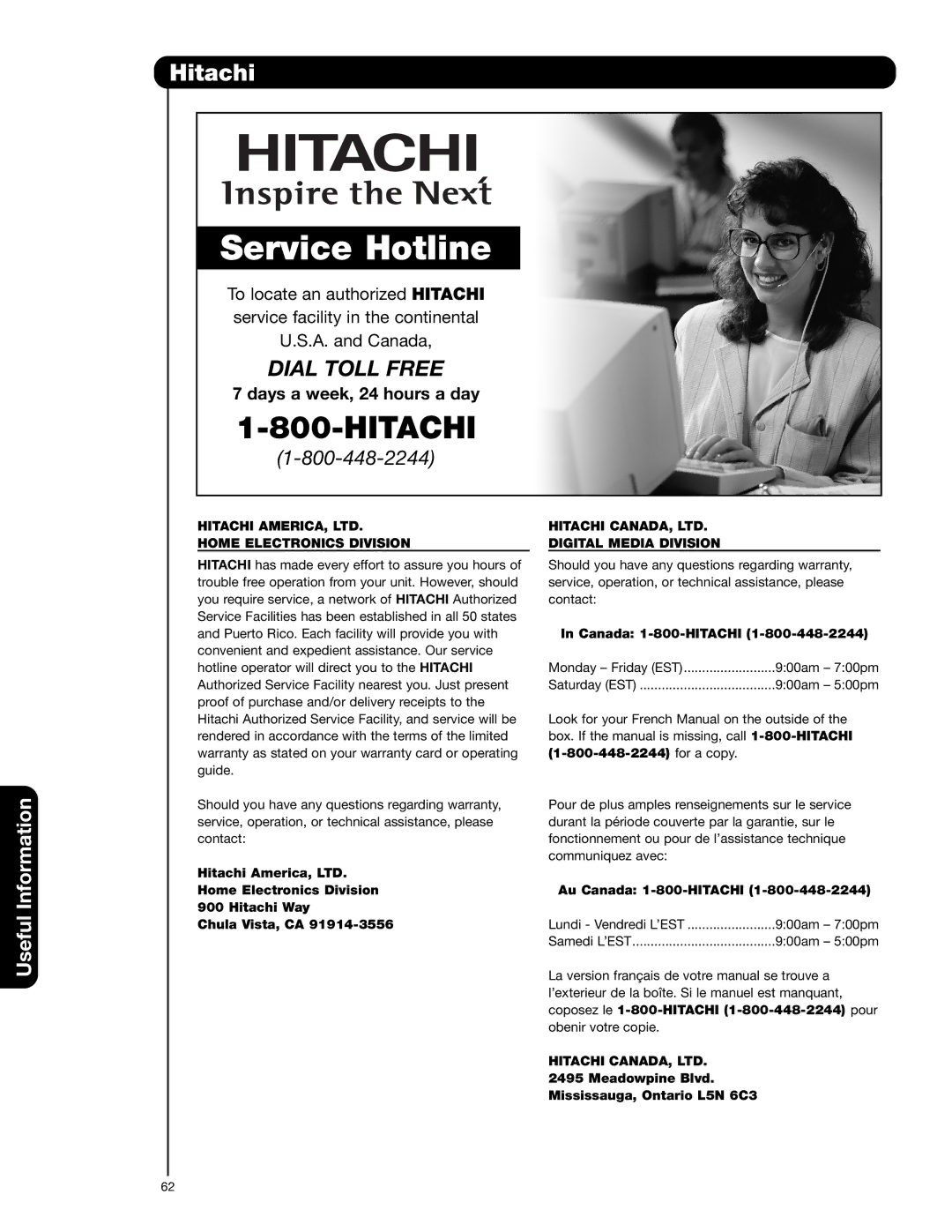 Hitachi 51F710G, 57F710G Hitachi, Home Electronics Division, Digital Media Division, Canada 1-800-HITACHI 