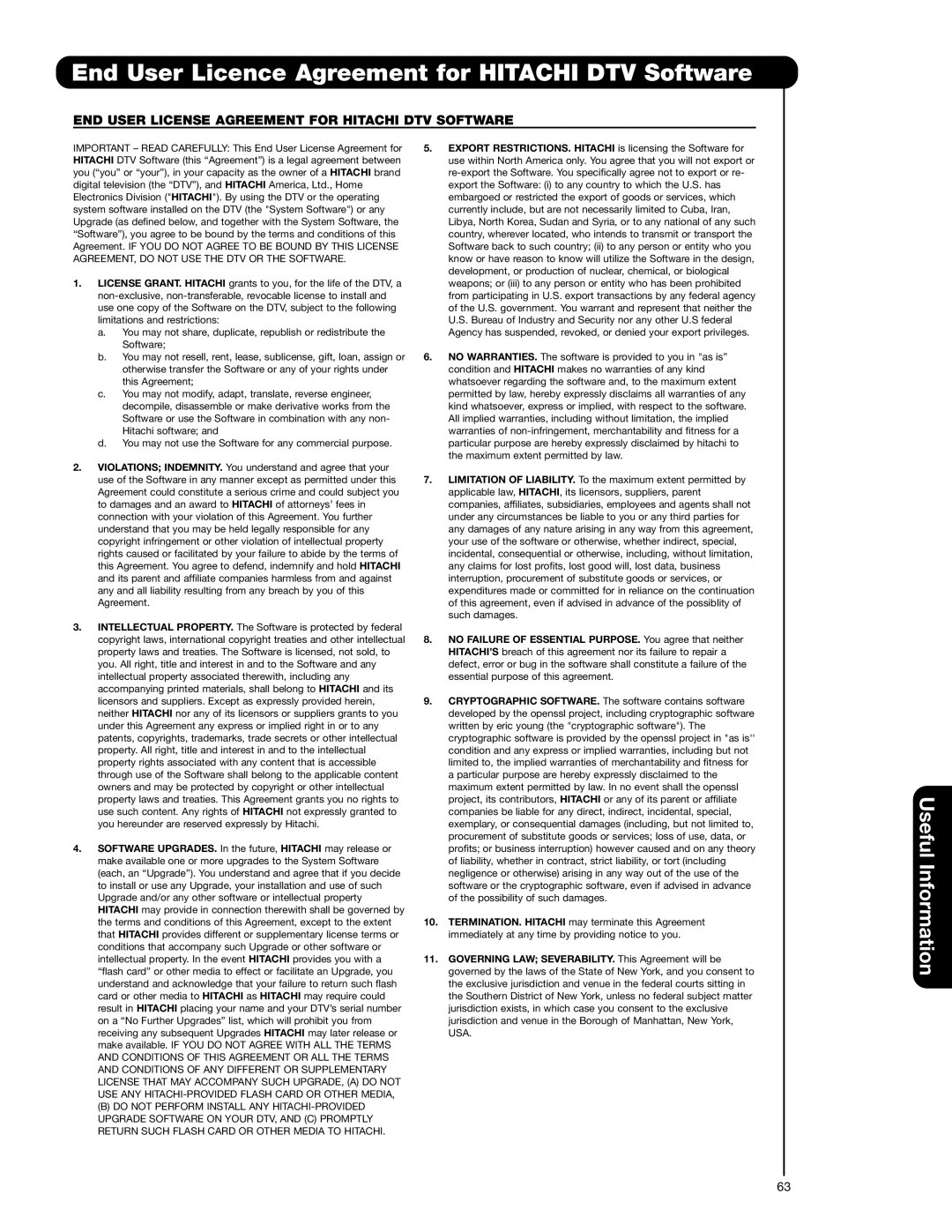 Hitachi 57F710G End User Licence Agreement for Hitachi DTV Software, END User License Agreement for Hitachi DTV Software 