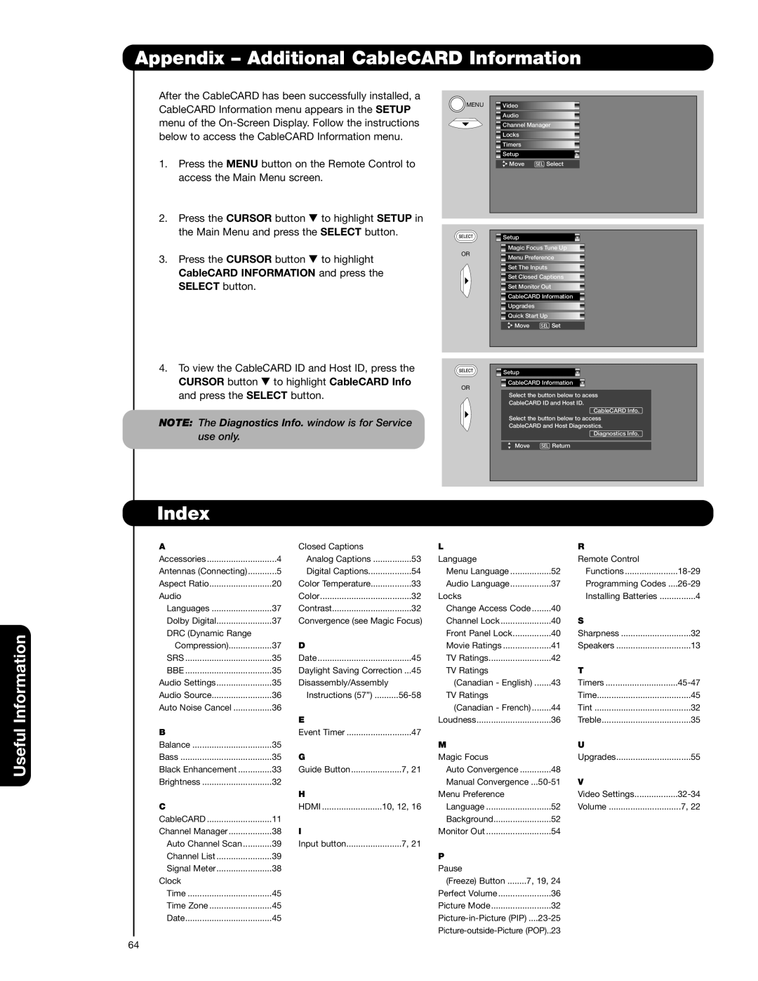 Hitachi 51F710G, 57F710G Appendix Additional CableCARD Information, Index, CableCARD Information and press, Select button 