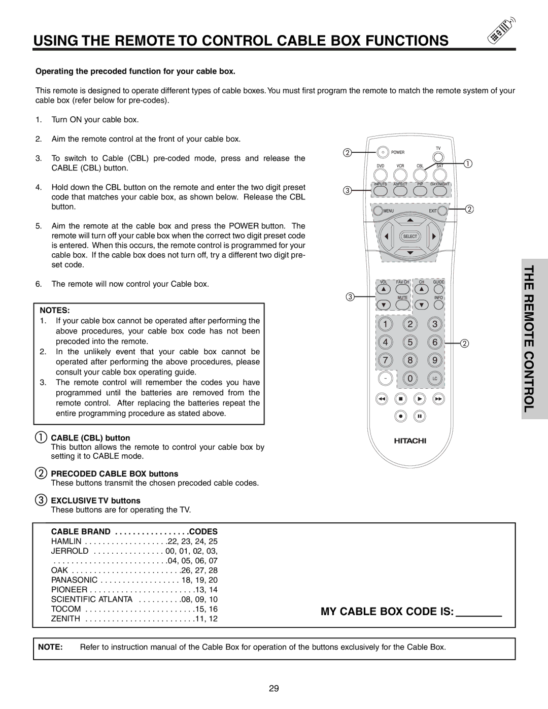 Hitachi 51F710S, 57F710S, 65F710S important safety instructions Using the Remote to Control Cable BOX Functions 