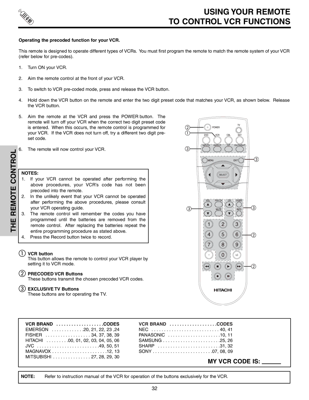 Hitachi 51F710S, 57F710S, 65F710S Using Your Remote To Control VCR Functions, VCR Brand Codes 