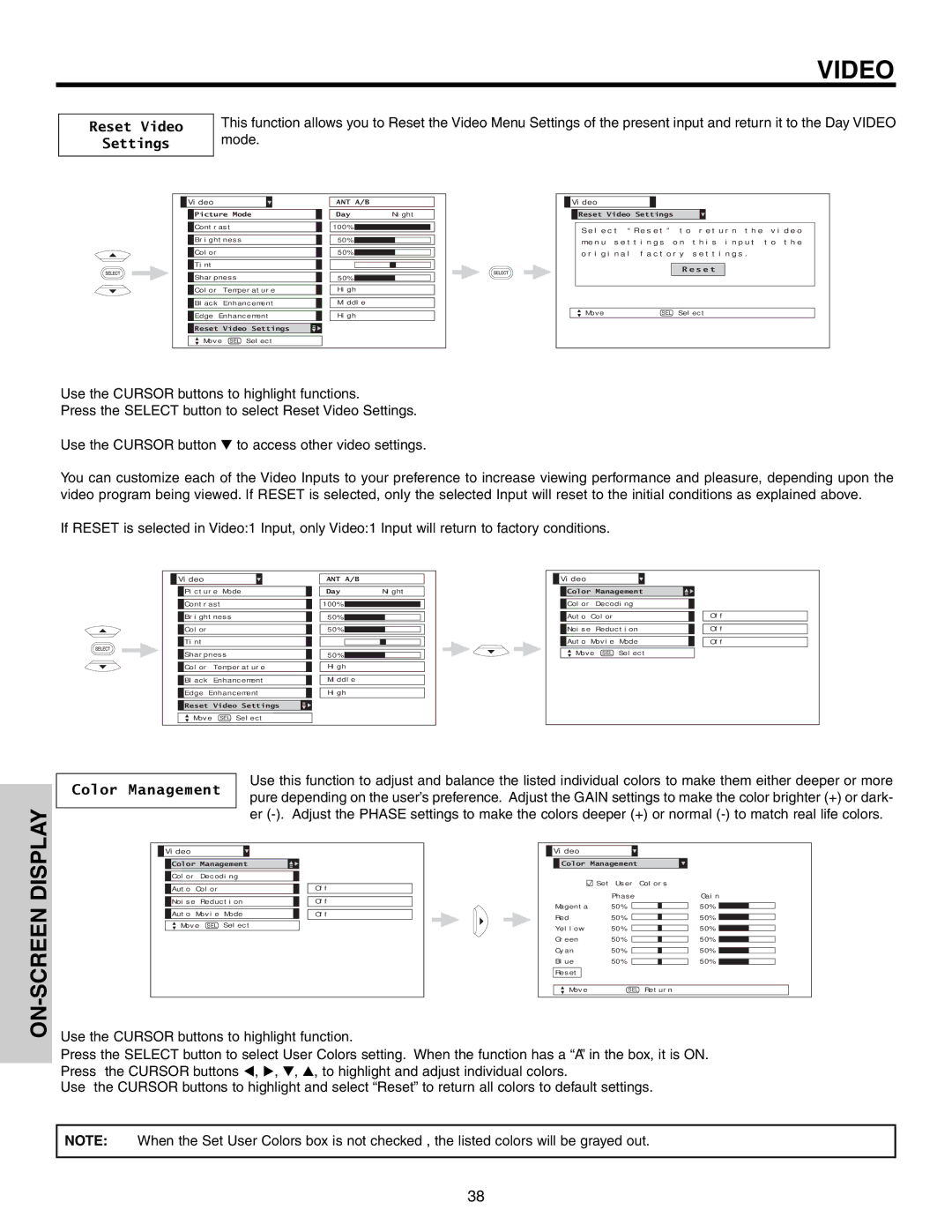 Hitachi 51F710S, 57F710S, 65F710S important safety instructions Reset Video Settings, Color Management 