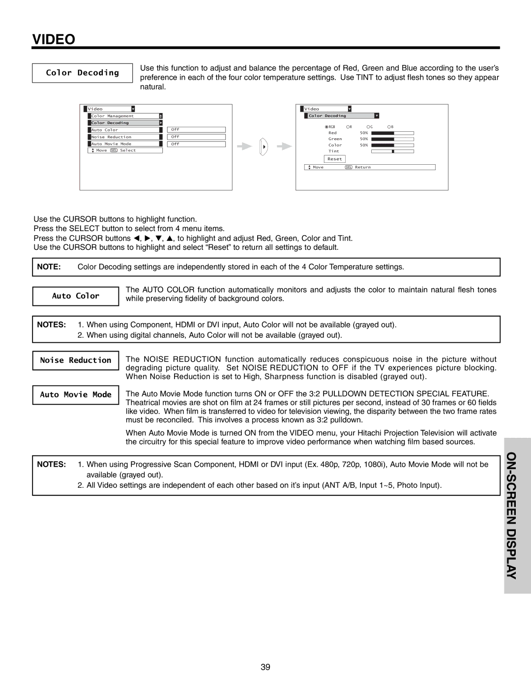 Hitachi 51F710S, 57F710S, 65F710S Color Decoding, Auto Color, Noise Reduction Auto Movie Mode 