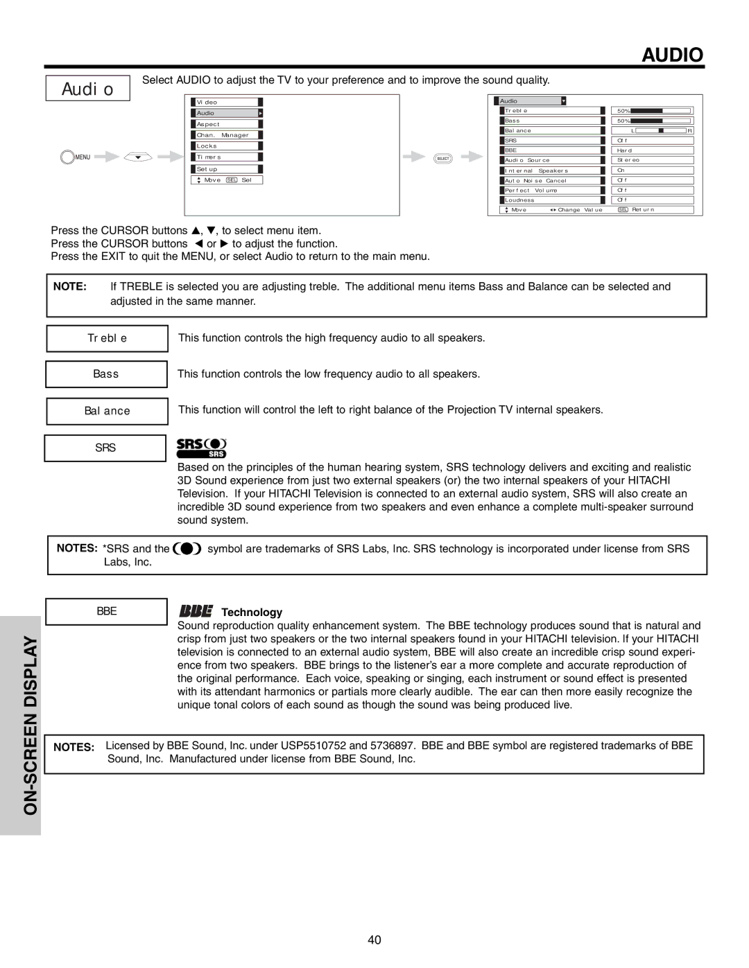 Hitachi 65F710S, 51F710S, 57F710S important safety instructions Audio, Treble, Bass, Balance, Technology 