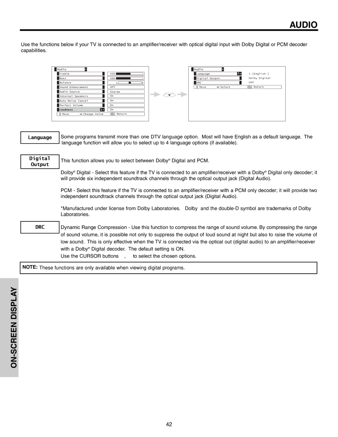 Hitachi 51F710S, 57F710S, 65F710S important safety instructions Language Digital Output, Audio 