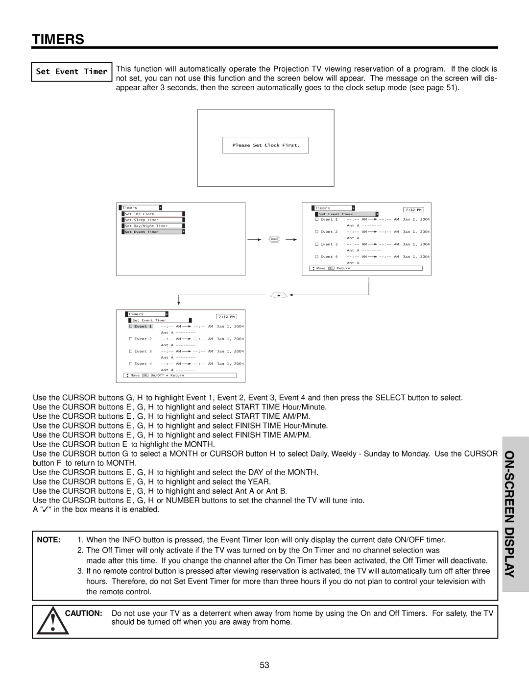 Hitachi 51F710S, 57F710S, 65F710S important safety instructions Set Event Timer, Please Set Clock First 