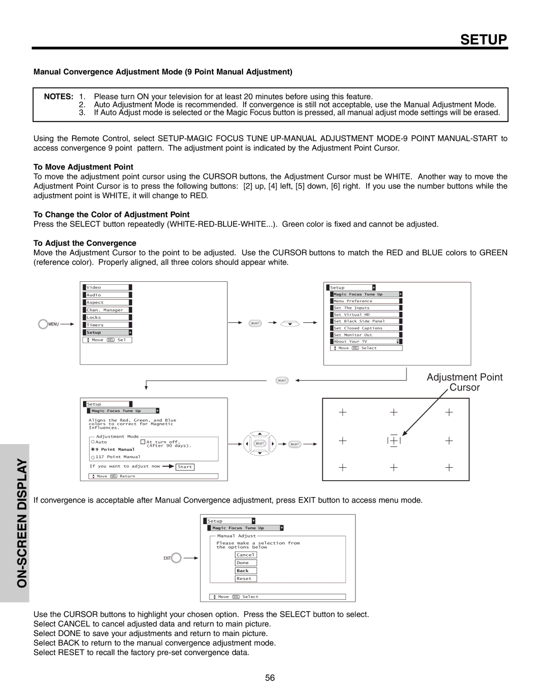 Hitachi 57F710, 51F710S To Move Adjustment Point, To Change the Color of Adjustment Point, To Adjust the Convergence 