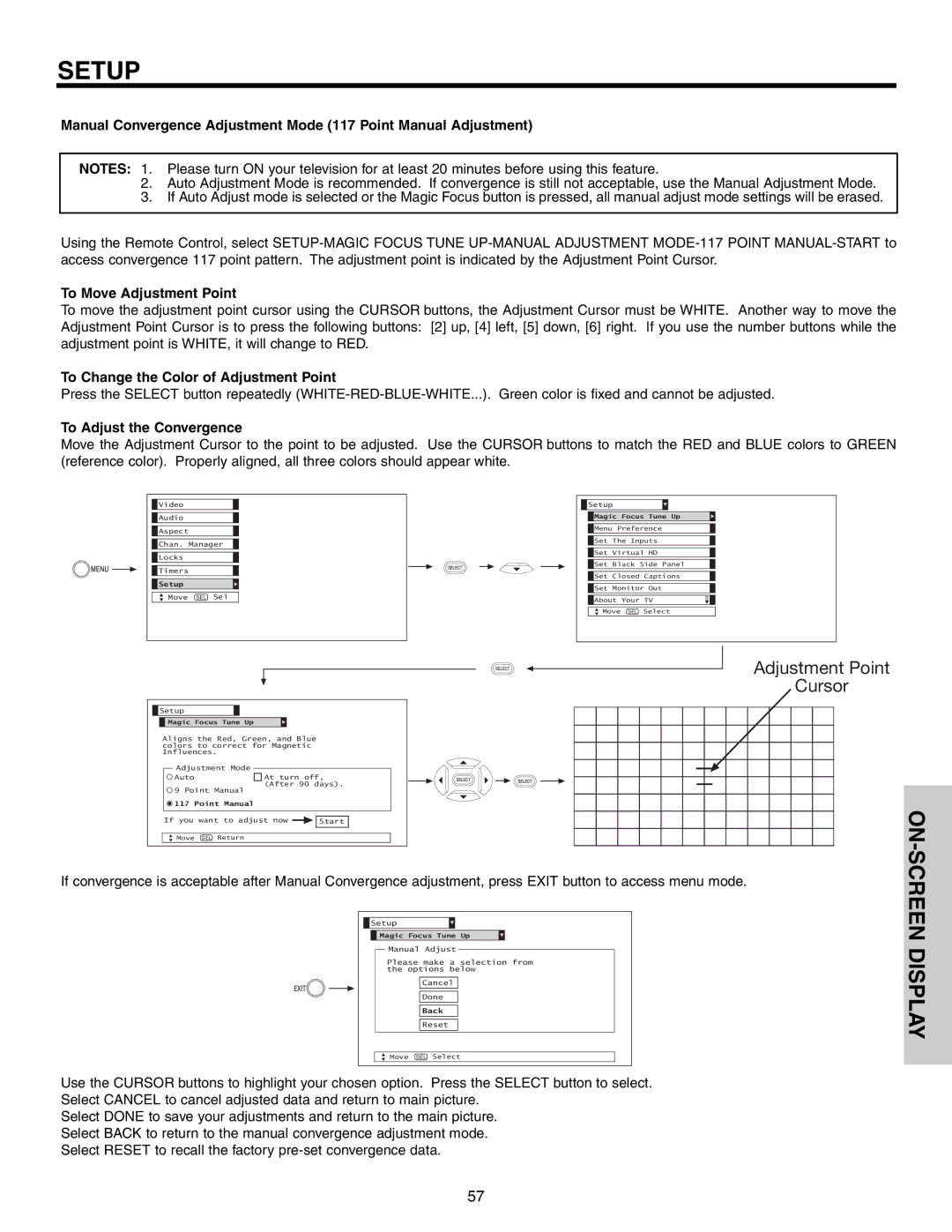 Hitachi 51F710S, 57F710S, 65F710S important safety instructions Adjustment Point Cursor 