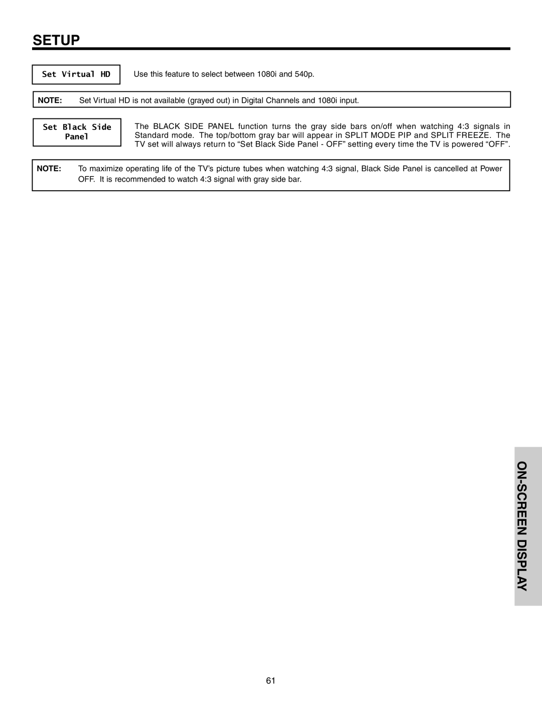 Hitachi 57F710S, 51F710S, 65F710S important safety instructions Set Virtual HD, Set Black Side Panel 