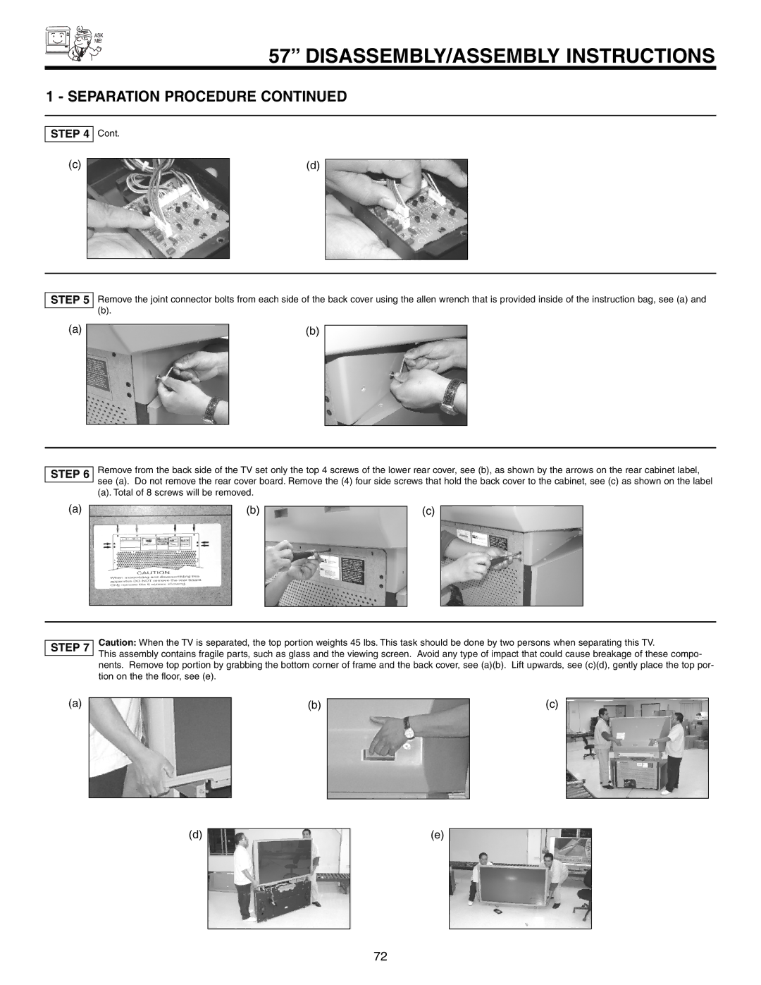 Hitachi 51F710S, 57F710S, 65F710S important safety instructions Separation Procedure 