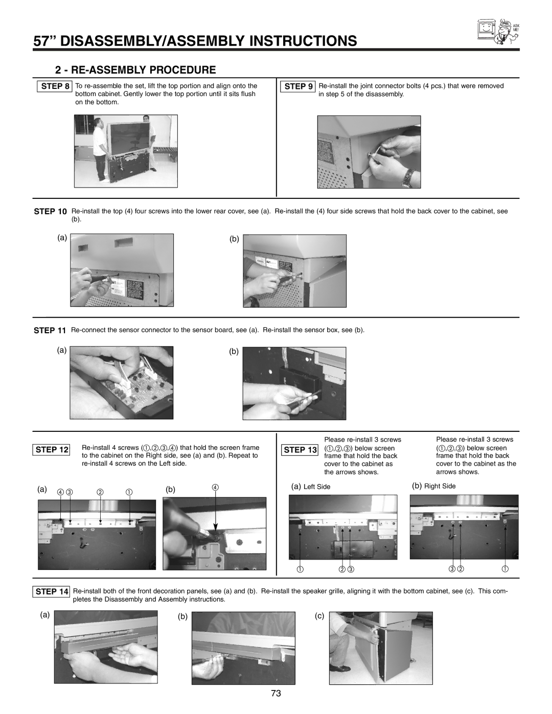 Hitachi 57F710S, 51F710S, 65F710S important safety instructions RE-ASSEMBLY Procedure 