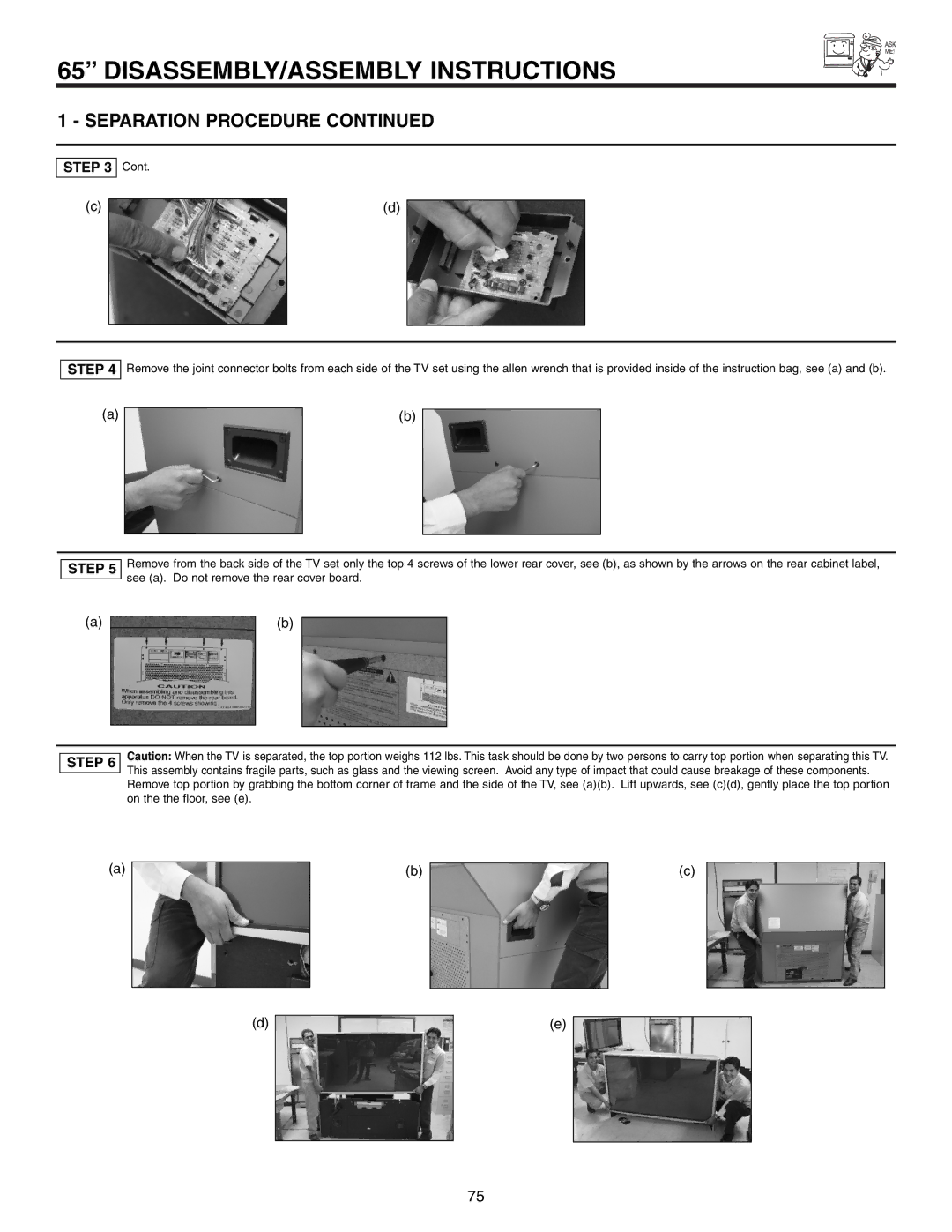 Hitachi 51F710S, 57F710S, 65F710S important safety instructions Separation Procedure 