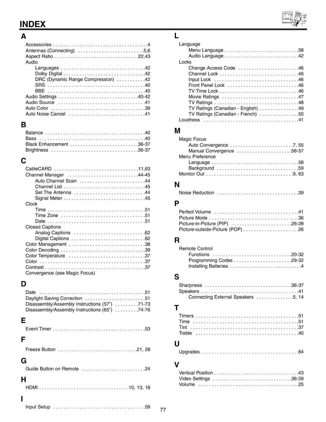 Hitachi 51F710S, 57F710S, 65F710S important safety instructions Index 