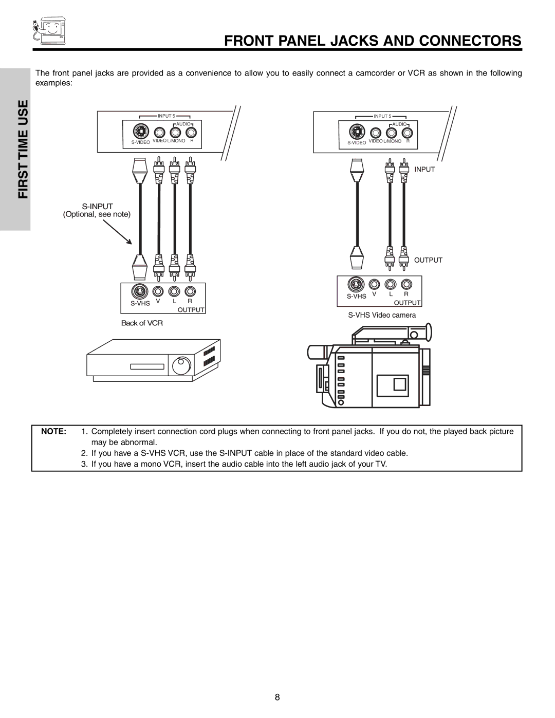 Hitachi 51F710S, 57F710S, 65F710S important safety instructions Front Panel Jacks and Connectors 