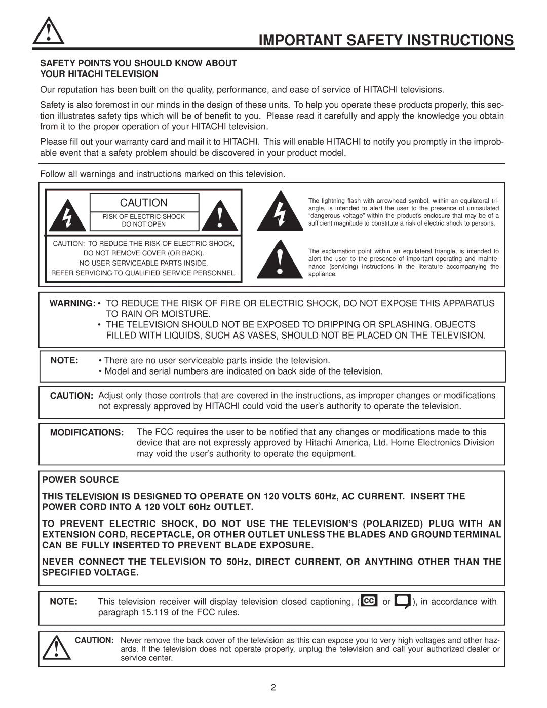 Hitachi 57F500A, 51G500A, 65G500 Important Safety Instructions, Safety Points YOU should Know about Your Hitachi Television 