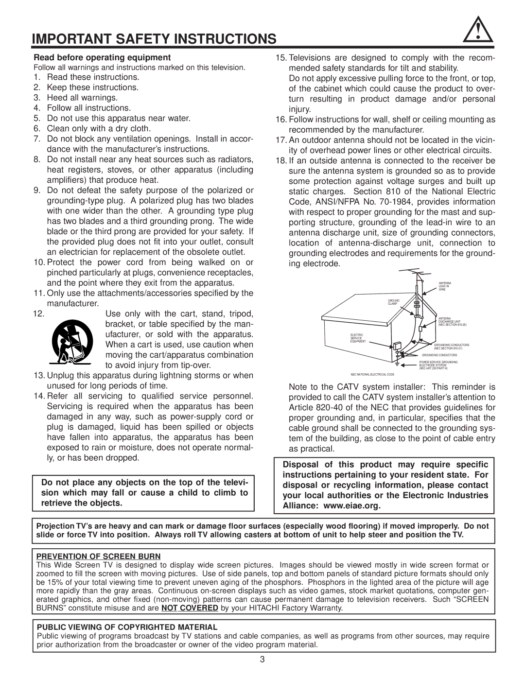 Hitachi 57G500A, 51G500A, 51F500A, 57F500A, 65G500 Prevention of Screen Burn, Public Viewing of Copyrighted Material 