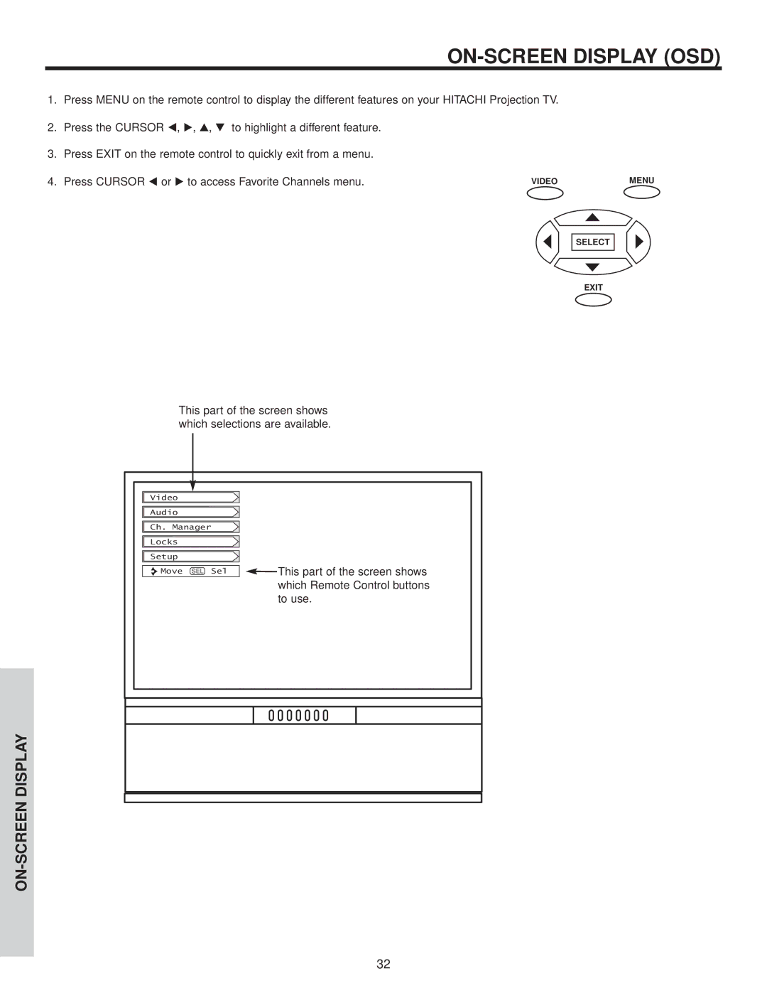 Hitachi 57F500A, 51G500A, 51F500A, 57G500A ON-SCREEN Display OSD, Press Cursor F or E to access Favorite Channels menu 