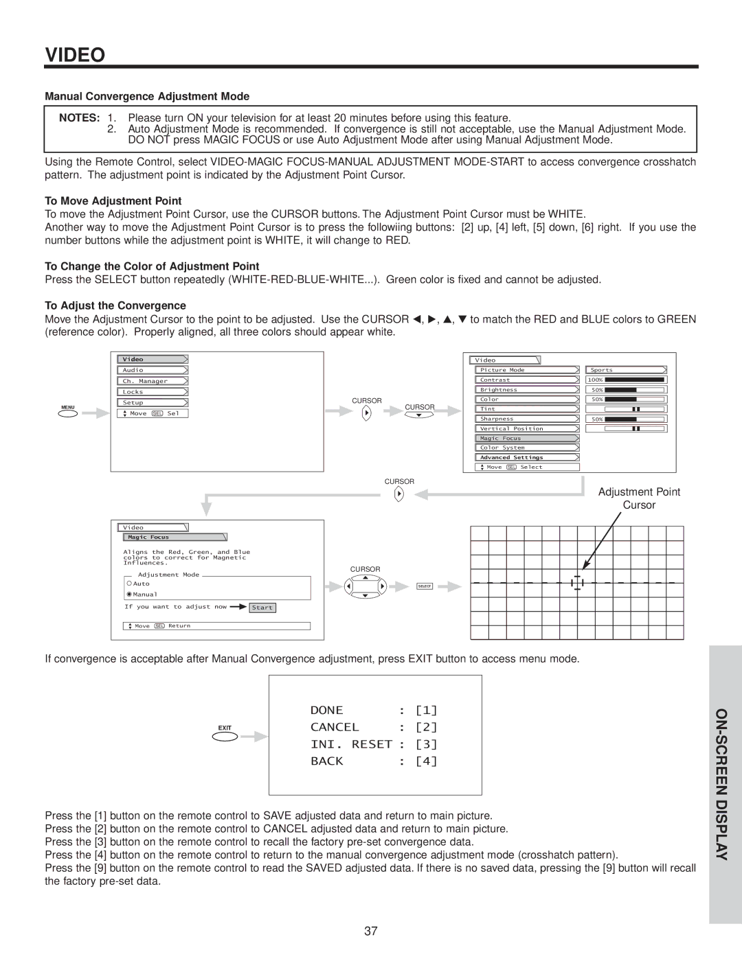 Hitachi 57F500A Manual Convergence Adjustment Mode, To Move Adjustment Point, To Change the Color of Adjustment Point 