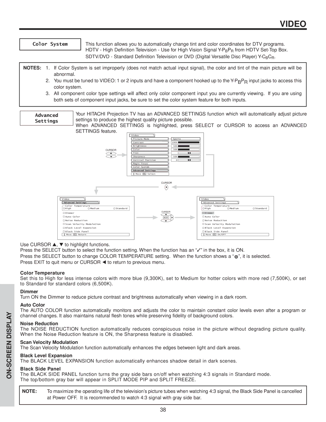 Hitachi 57G500A, 51G500A, 51F500A, 57F500A, 65G500 important safety instructions Advanced, Settings 