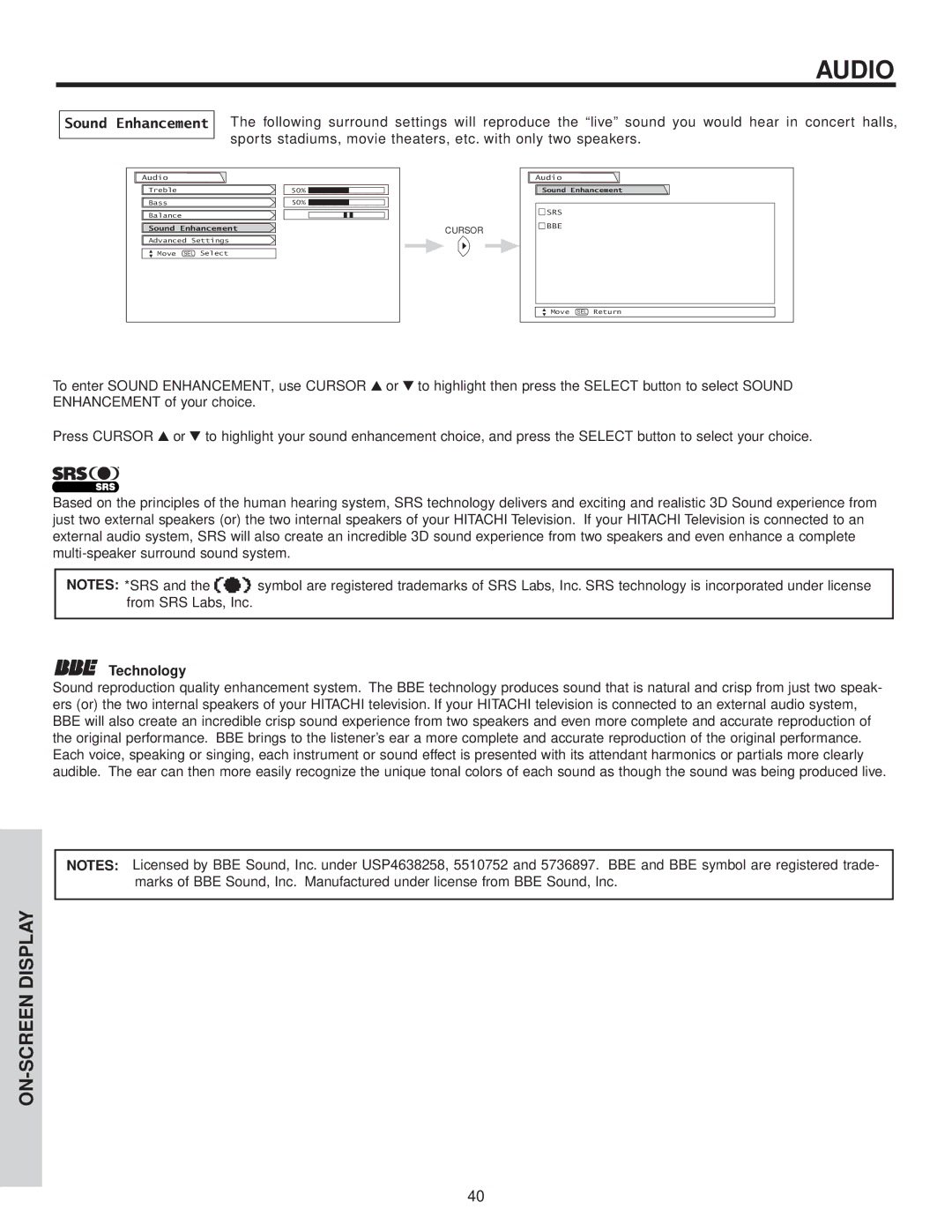 Hitachi 51G500A, 51F500A, 57F500A, 57G500A, 65G500 important safety instructions Sound Enhancement, Technology 