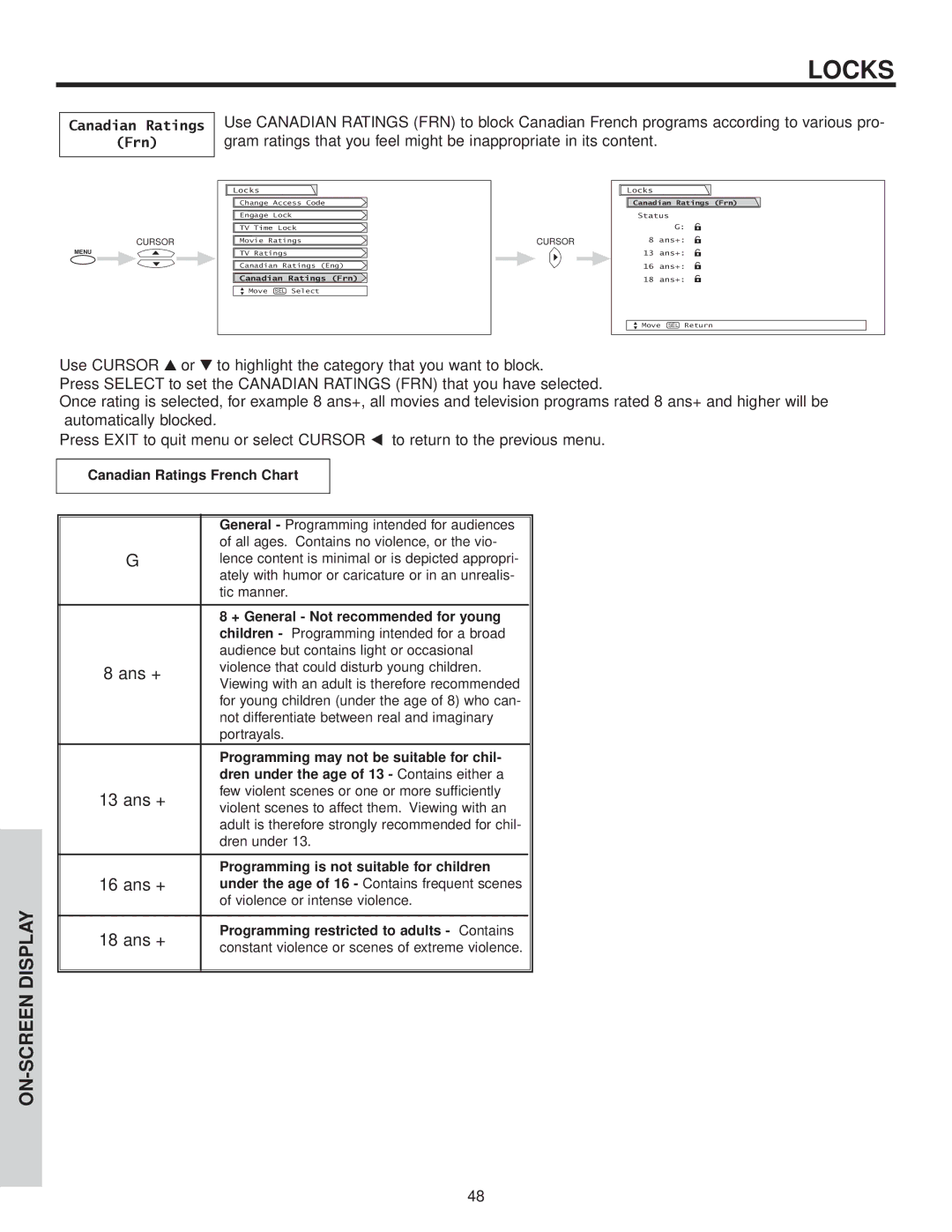 Hitachi 57G500A, 51G500A, 51F500A, 57F500A, 65G500 Frn, Canadian Ratings French Chart, + General Not recommended for young 