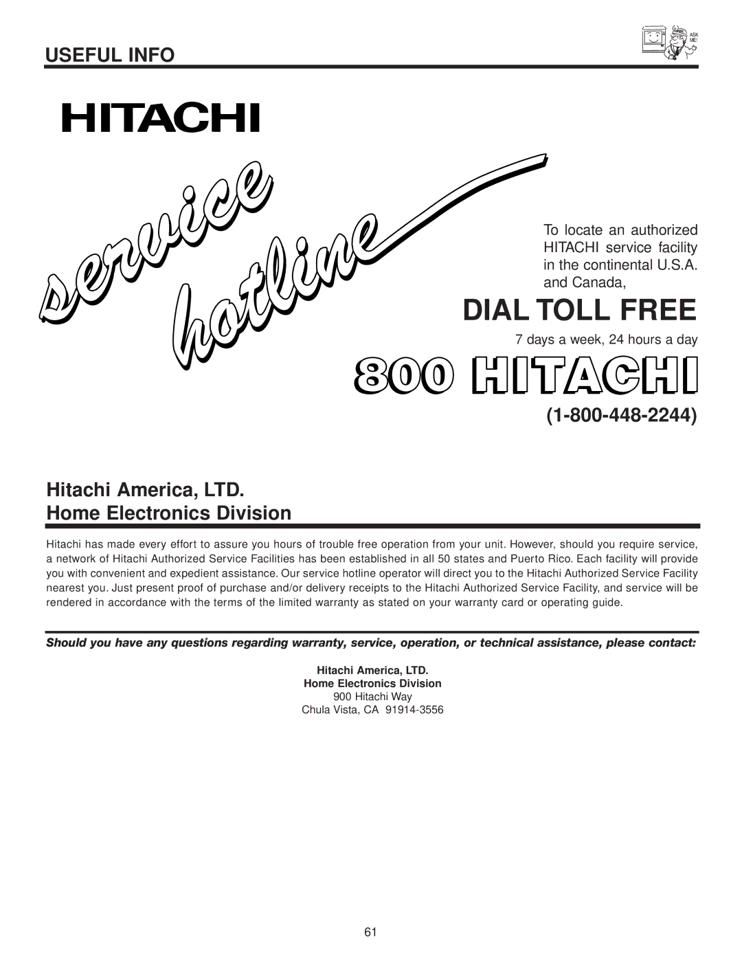 Hitachi 51F500A, 51G500A, 57F500A, 57G500A, 65G500 important safety instructions Dial Toll Free, Home Electronics Division 