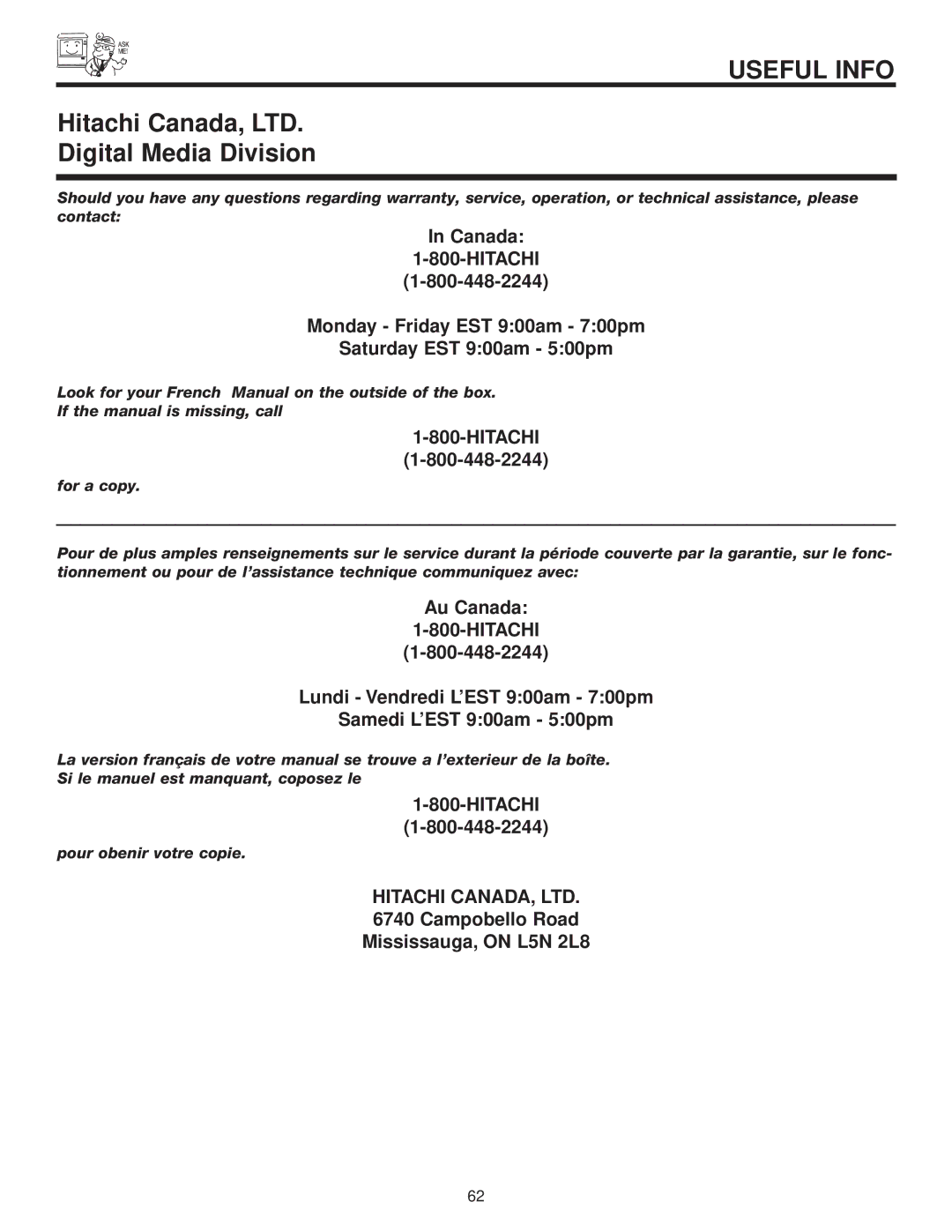 Hitachi 57F500A, 51G500A, 51F500A, 57G500A, 65G500 important safety instructions Digital Media Division 