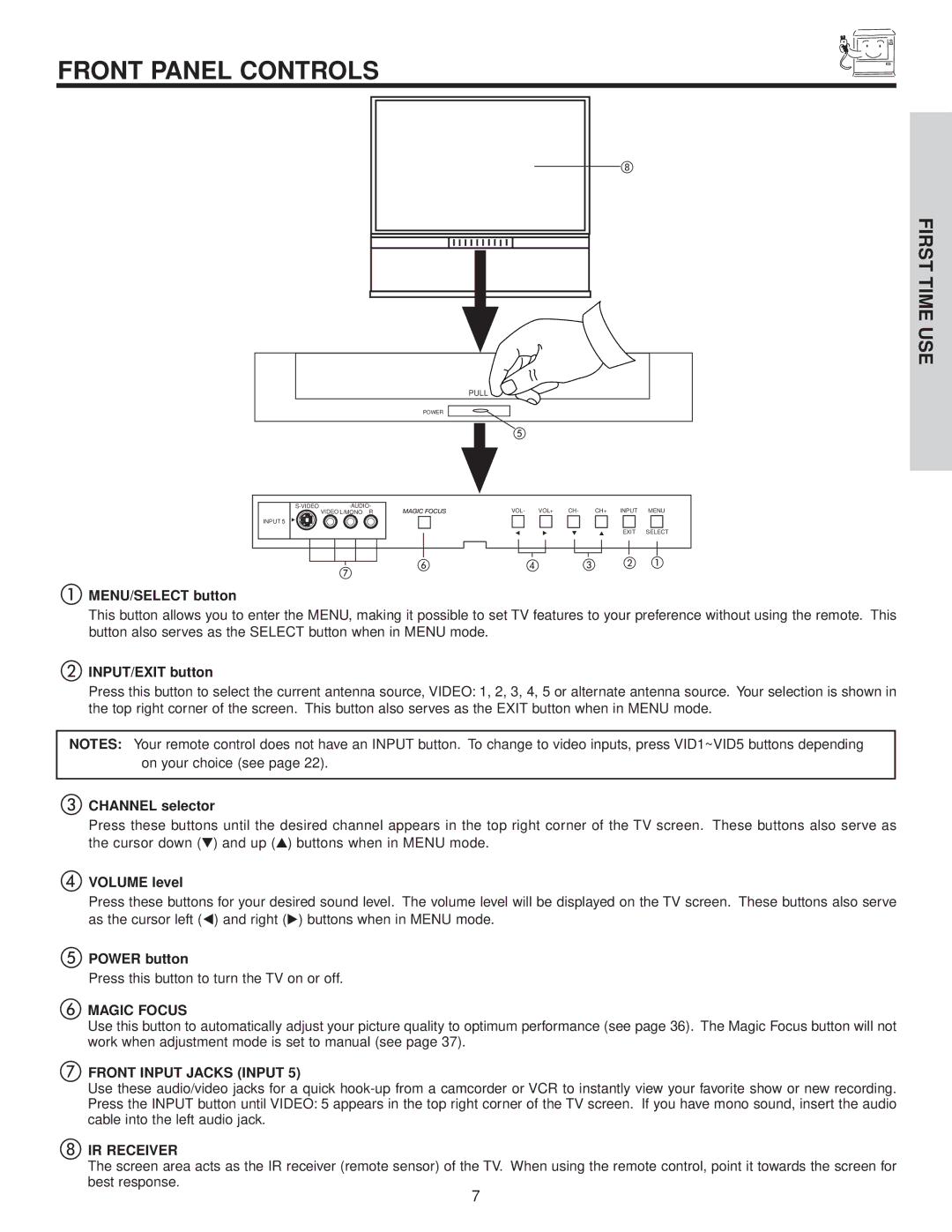 Hitachi 57F500A, 51G500A, 51F500A, 57G500A, 65G500 important safety instructions Front Panel Controls 