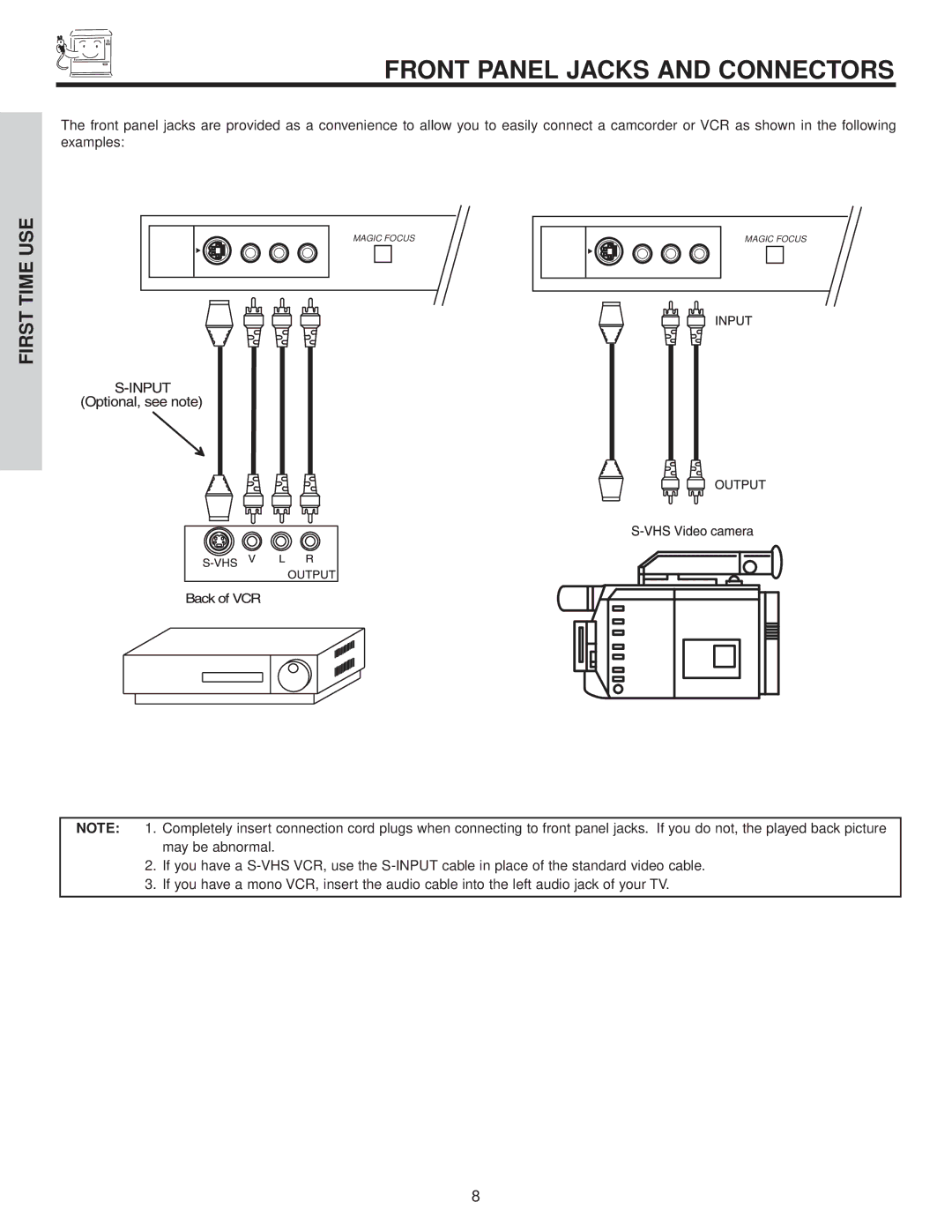 Hitachi 57G500A, 51G500A, 51F500A, 57F500A, 65G500 important safety instructions Front Panel Jacks and Connectors 