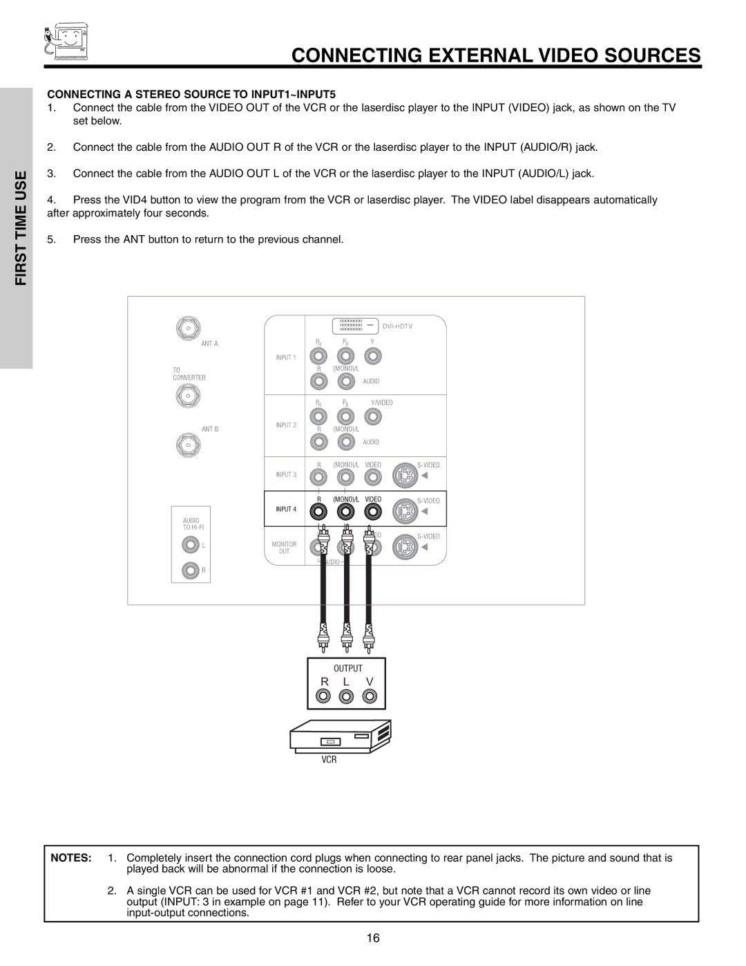 Hitachi 51G500S important safety instructions Connecting a Stereo Source to INPUT1~INPUT5 